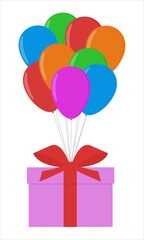 Box with a gift on balloons, tied with a red ribbon. Vector illustration