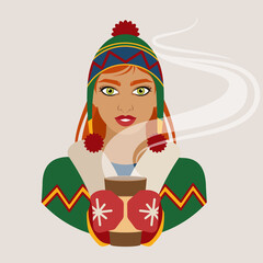 Avatar of a girl in winter clothes with a hot drink in her hands. Winter. Flat vector illustration.