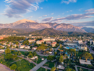 Morning view from the sea to the village of Camyuva in the Kemer area of Antalya province in Turkey. Drone aerial shot