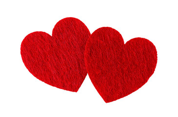 Pair of valentine hearts of red colored felt isolated on a white background. Symbol of love, passion, tenderness. Valentine day design element for holiday, greeting card and banner. Macro.