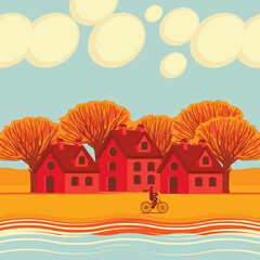 Autumn landscape with yellowed trees, clouds in the blue sky, cute red houses and a passing cyclist on the riverbank. Decorative vector illustration in fall yellow and orange colors in a cartoon style