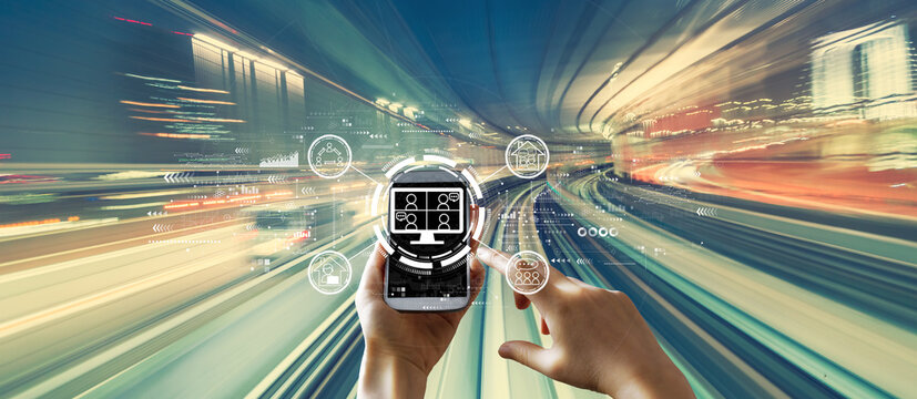 Online meeting theme with person using a smartphone over abstract high speed technology POV motion blur