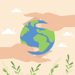 Hands holding the planet. Earth globe in human hands. Save the World together. Symbol of care and protection.