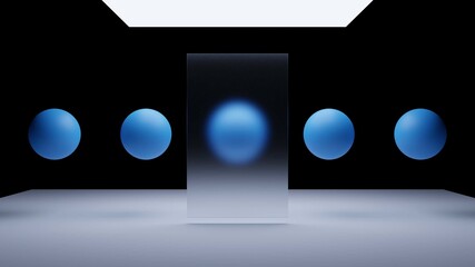 Blues spheres of balls on gray background. Flowing blue soft spheres. Abstract background with dynamic 3d spheres.
