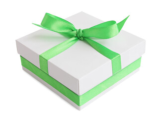 White gift box with green satin ribbon bow, isolated on white