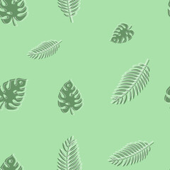 Fototapeta na wymiar seamless vector pattern of green leaves of monstera and fern on a green background. beautiful natural background