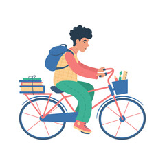 Boy riding a bicycle to school. flat style illustration.