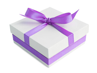 White gift box with purple satin ribbon bow, isolated on white