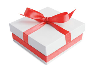 White gift box with red satin ribbon bow, isolated on white