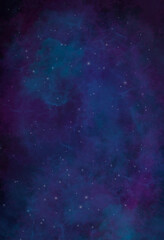 Freehand galaxy/space illustration in blue and purple colors with tiny white stars.