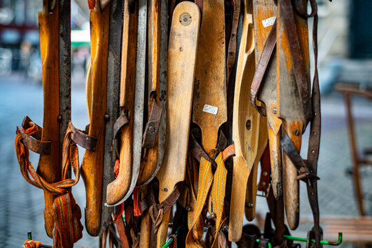Frisian doorwalkers skate for sale at a souvenir shop in Delft, Zuid-Holland province, The Netherlands