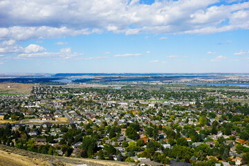 Tri-Cities Washington from high vantage point showing Columbia river and Columbia basin