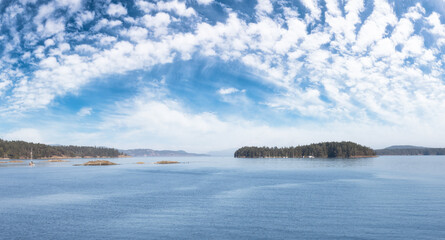 Fototapeta na wymiar Gulf Islands on the West Coast of Pacific Ocean. Canadian Nature Landscape Background. Cloudy Sky Art Render. Near Victoria, Vancouver Island, BC, Canada.