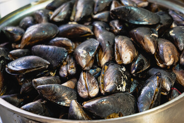 Midye dolma, stuffed mussels close-up, traditional Turkish food food taken in Istanbul