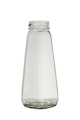 Empty, transparent glass bottle for sauces and drinks. Isolated on a white background, close-up