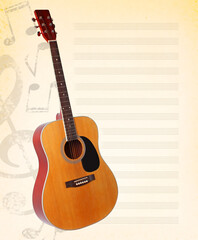 Acoustic guitar on musical background with note lines, musical notes and g key