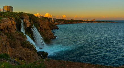 ANTALYA, TURKEY: Landscape with a picturesque view of Waterfall Duden on an evening summer day in Antalya.