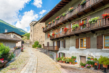 The beautiful village of Avise on a sunny summer morning. Aosta Valley, Italy.