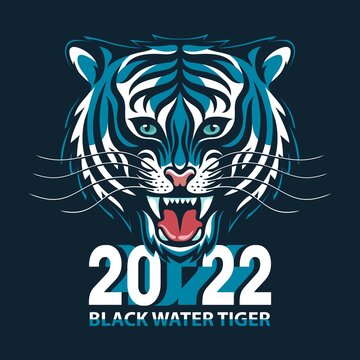 Black water tiger - symbol of the 2022 new year. Head of roaring tiger. Vector illustration.