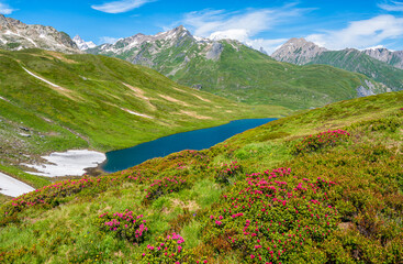 Fototapeta na wymiar Beautiful landscape at the Little Saint Bernard Pass on a summer afternoon, between Italy and France.