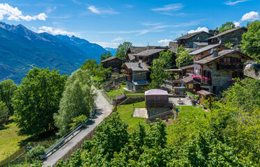 Fototapeta na wymiar The small village of Frazione Grand-Rhun, near Saint Vincent. Aosta Valley, northern Italy.