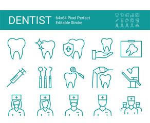 Set of line icons of dentist. Dental icon. Editable vector stroke.