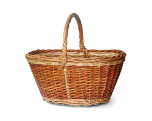 Oval empty wicker basket isolated on white background. Side view.
