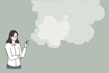 Unhealthy lifestyle and smoking concept. Young woman smoker standing smoking cigarette with lot of smoke on air vector illustration 