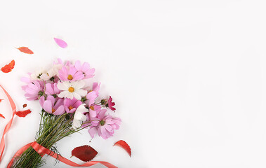 Bouquet with daisies on white background, autumn abstract composition, thanksgiving day concepts, seasonal background, banner or splash, greeting card or invitation with place for text,