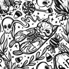 Halloween vector composition with mystical cat skeleton lies on the grave, skulls. Adult coloring book page, t-shirt design,seamless pattern, background light