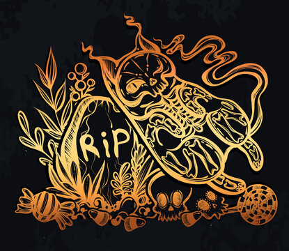 Halloween vector composition with mystical cat skeleton lies on the grave, skulls, background  chalkboard, t-shirt design