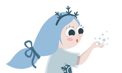 Snowflake girl blows snow off her hands. Winter fictional character in cartoon style