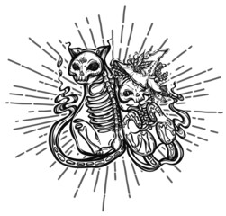 Halloween vector composition with mystical cat skeleton, witch hat. Adult coloring book page, tattoo art, t-shirt design