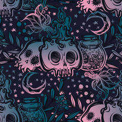 Vector illustration, Halloween, jar with insects, candle, skulls, mystic, witchcraft, background dark, seamless pattern. handmade, prints