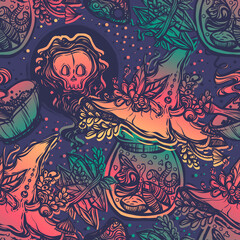 Vector illustration, Halloween, mystic, witchcraft, bottles of potion, witch hat, ghost. handmade, prints, seamless pattern, background dark