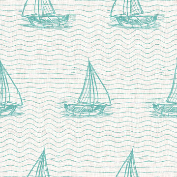Aegean teal sailboat linen nautical seamless background with wave texture. Summer coastal living style home decor. Marine sailing yacht regatta style. Turquoise blue dyed washed textile pattern.