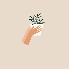 Illustration of a flower pot in hands. Growing, gardening, natural life, eco concept. Vector. - 456808364
