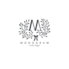 Vector Hand Drawn floral M monogram. Graphic elegant logo  with letter M. - 456808384