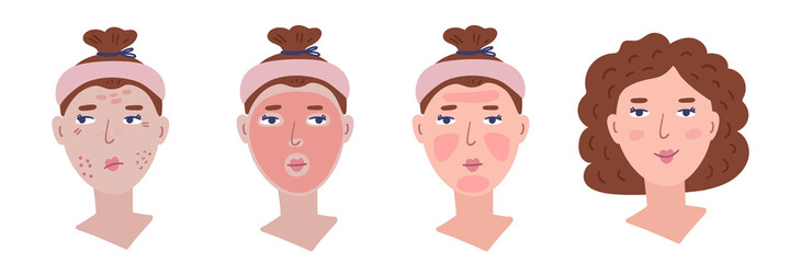 Illustration diagram of the application of a mask or cosmetic product for the face. Pretty girl is doing the procedure.