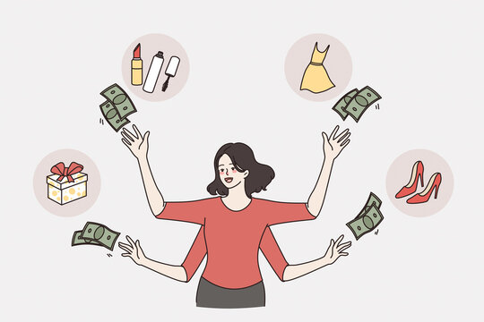 Wasting money and shopaholic concept. Young woman with many hands throwing money cash around her to buy different goods vector illustration 