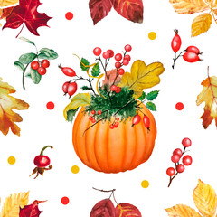 Obraz na płótnie Canvas Orange pumpkin, autumn leaves and berries isolated on white background seamless pattern. Roseship, cowberry, oak and chestnut leaf. Wrapping paper, interior textile, Thanksgiving and Halloween decor