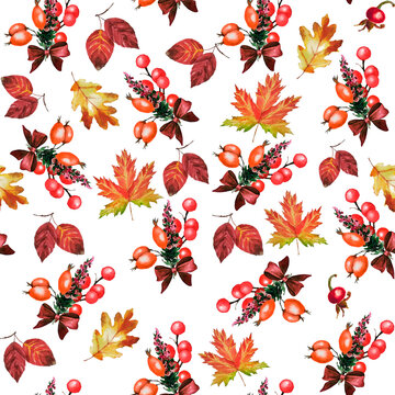 Hand painted watercolor elements isolated on white background. Stock autumn season illustration in watercolor painting style. Seamless pattern for wrapping and scrapbooking paper, table cloth, decor