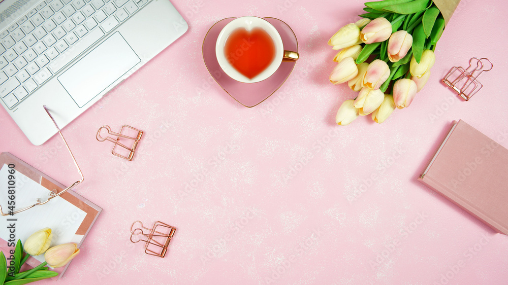 Wall mural feminine pink theme desktop workspace with mockups on stylish textured background. top view blog her