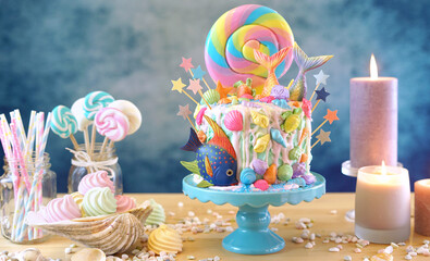 Mermaid theme candyland cake with colorful glitter tails, shells and sea creatures toppers for...
