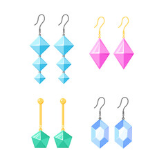 Earrings collection. Gold or silver accessories with gemstones, diamonds, precious stone. Jewellery set. Flat vector 