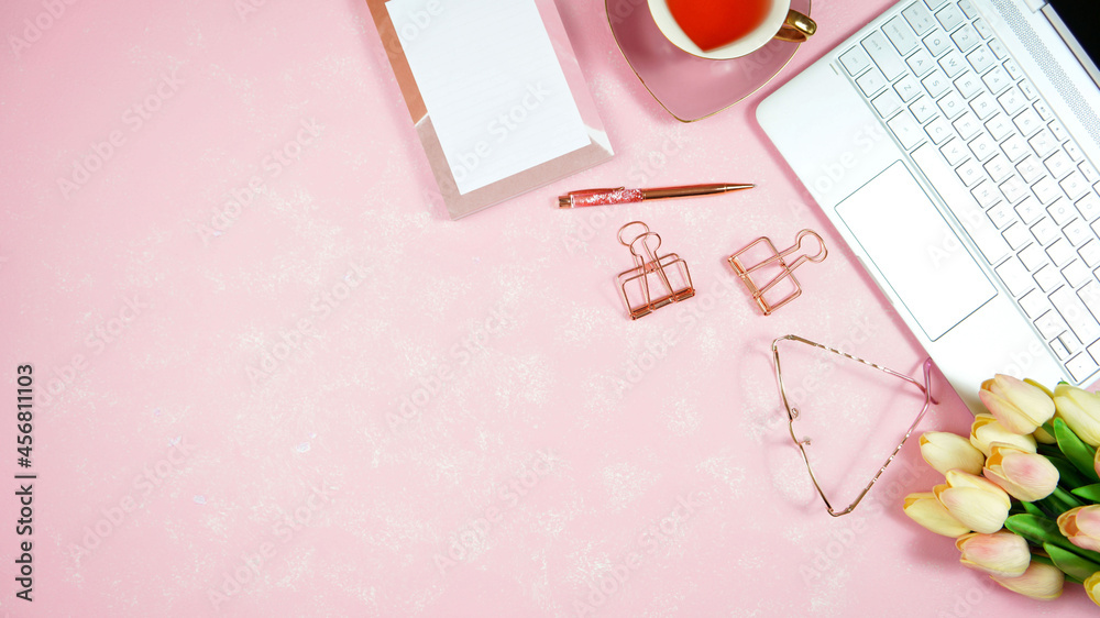 Wall mural feminine pink theme desktop workspace with mockups on stylish textured background. top view blog her