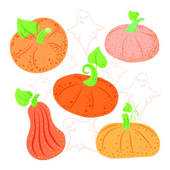 Bright stylized pumpkins on a background with ghosts. Autumn pumpkins with peas. Halloween. October. Celebrate all the dead. Suitable for poster, illustration.