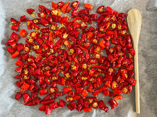 Red peppers prepared for drying