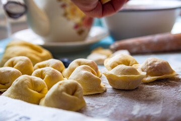 Homemade dumplings, made by hand, are laid out on a plate