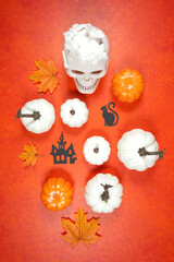 Halloween theme blog hero header with white skull and pumpkins on a bright textured orange background. Styled for vertical orientation.